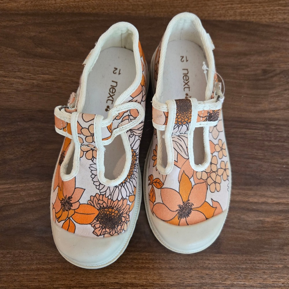 Next Kids Orange Floral‎ Canvas T-Bar Shoes Sunflower Print Size 12UK 13US